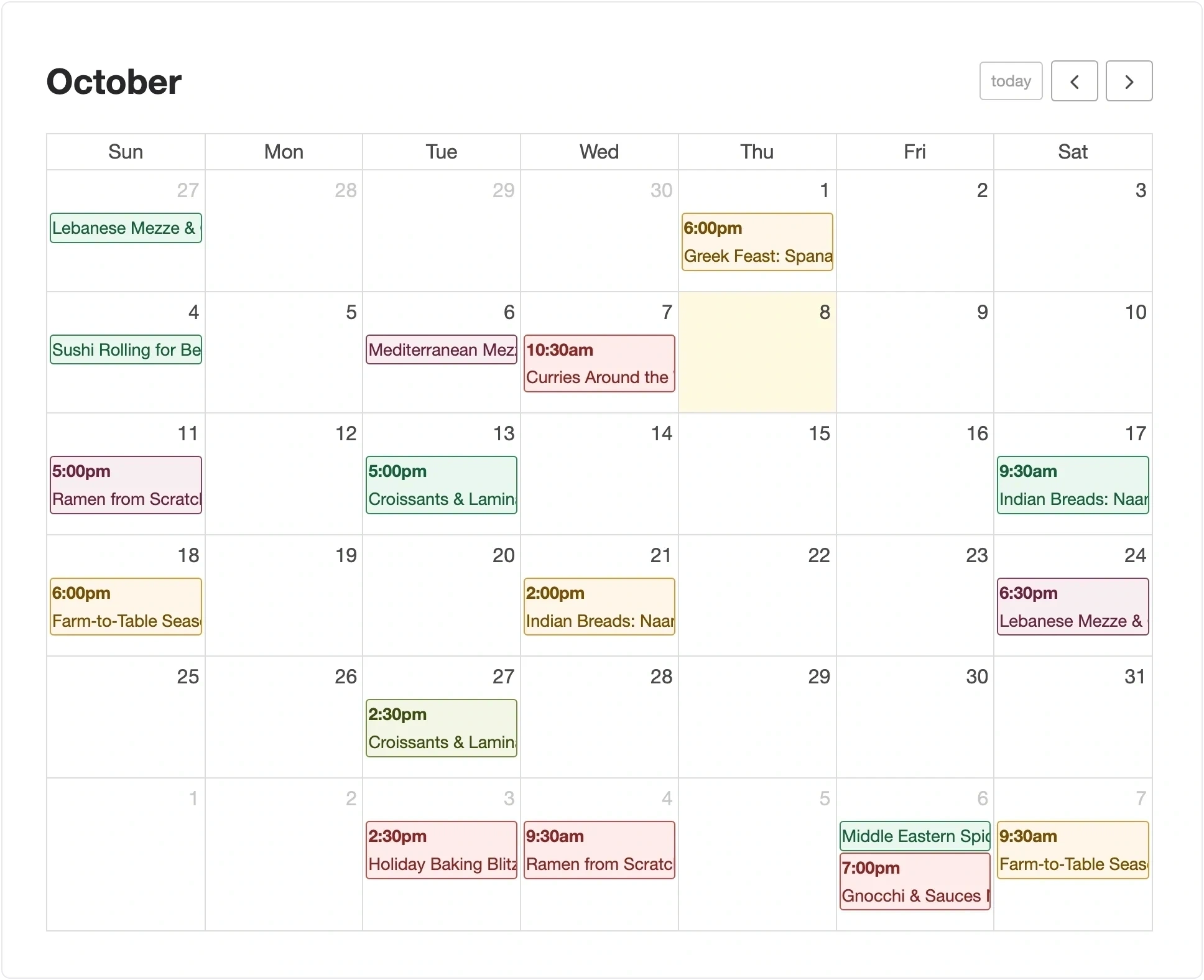 Calendar with events colored by category