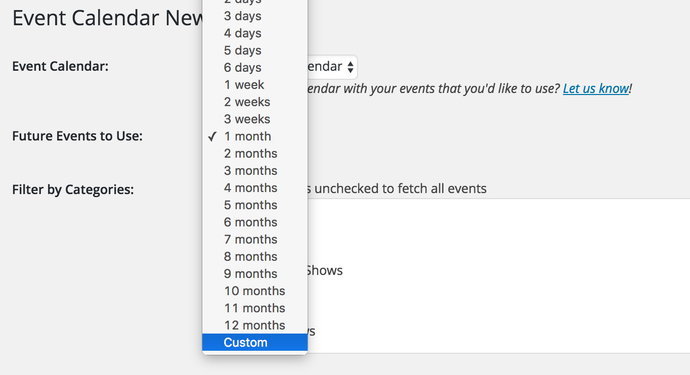 custom date range event calendar newsletter