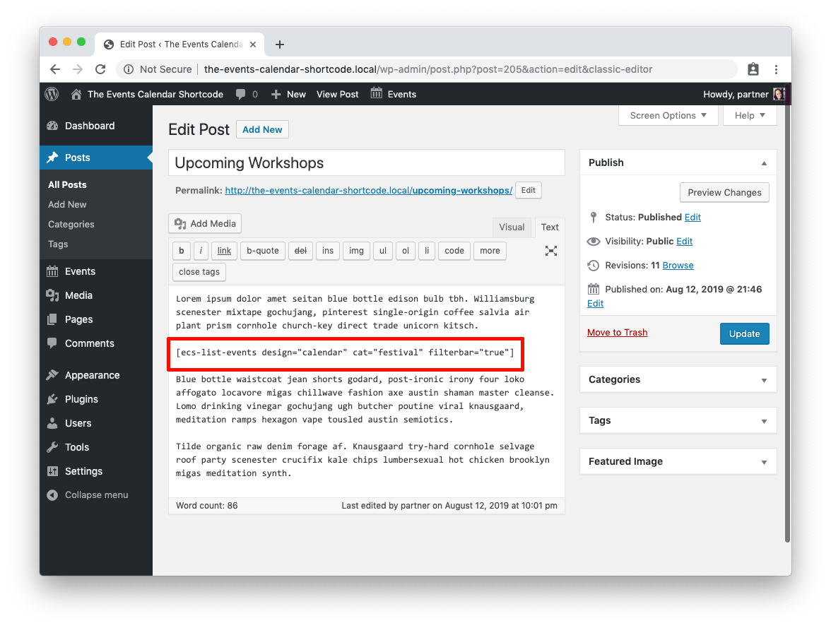 screenshot of filter bar shortcode