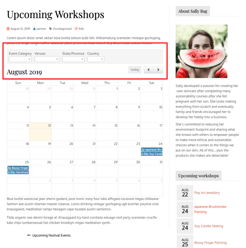 screenshot of workshops on the August calendar