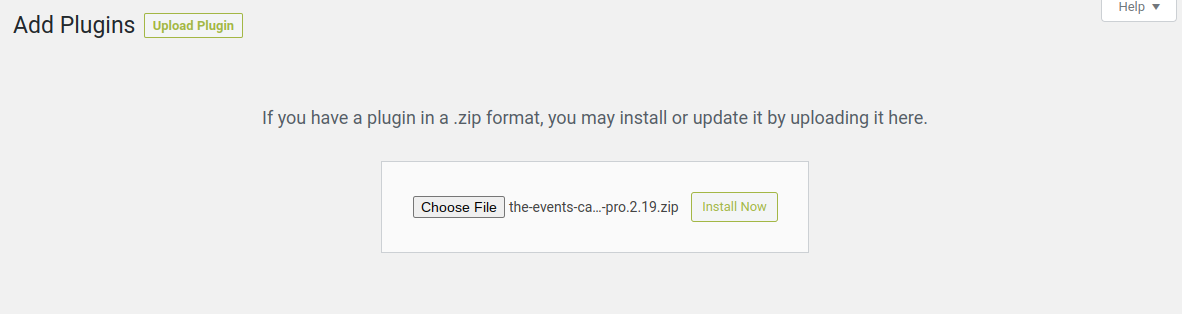 upload events calendar shortcode and block
