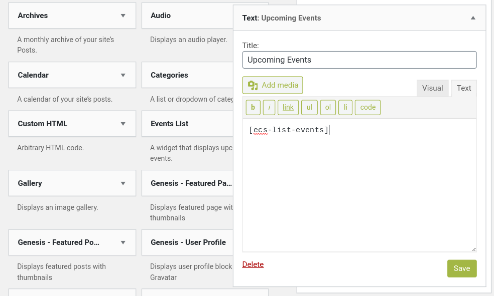add a text widget for shortcode