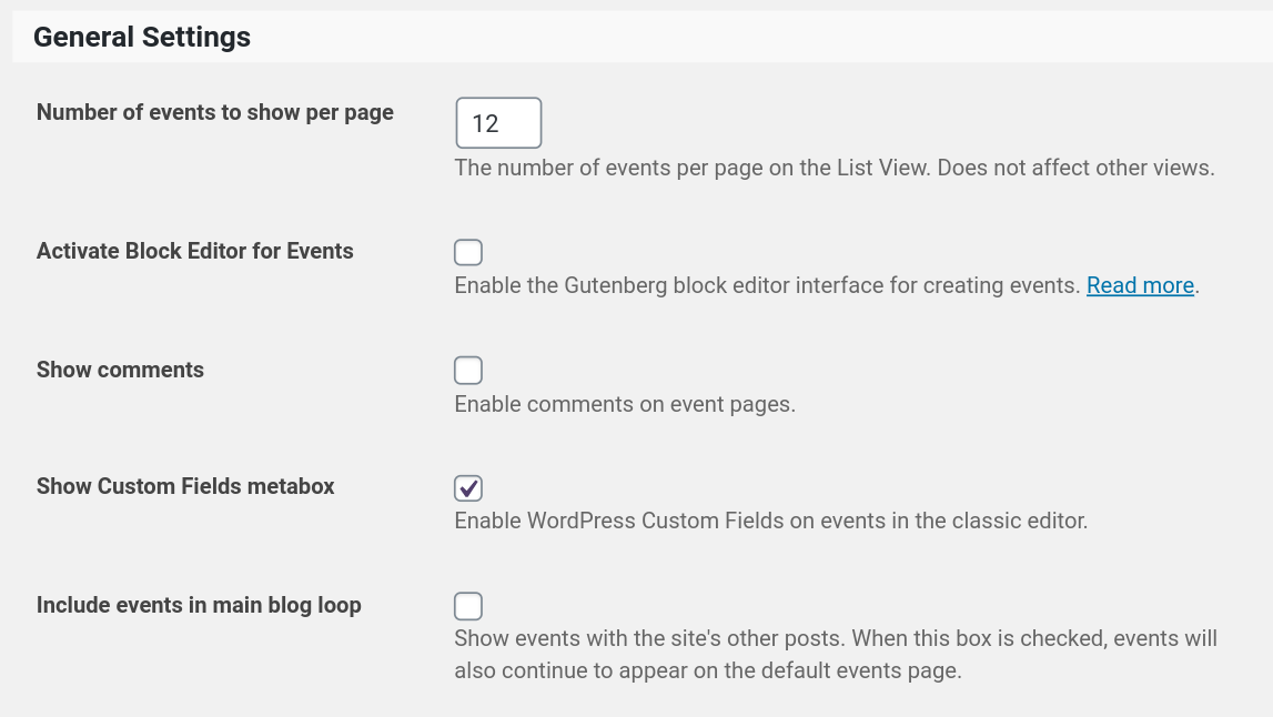 configure general events calendar settings