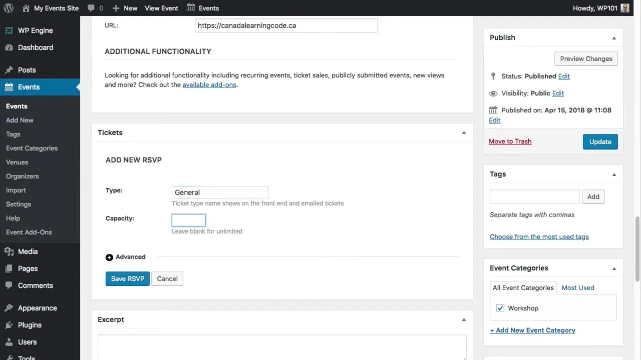 WordPress event editor Add New RSVP form showing the RSVP type and capacity fields