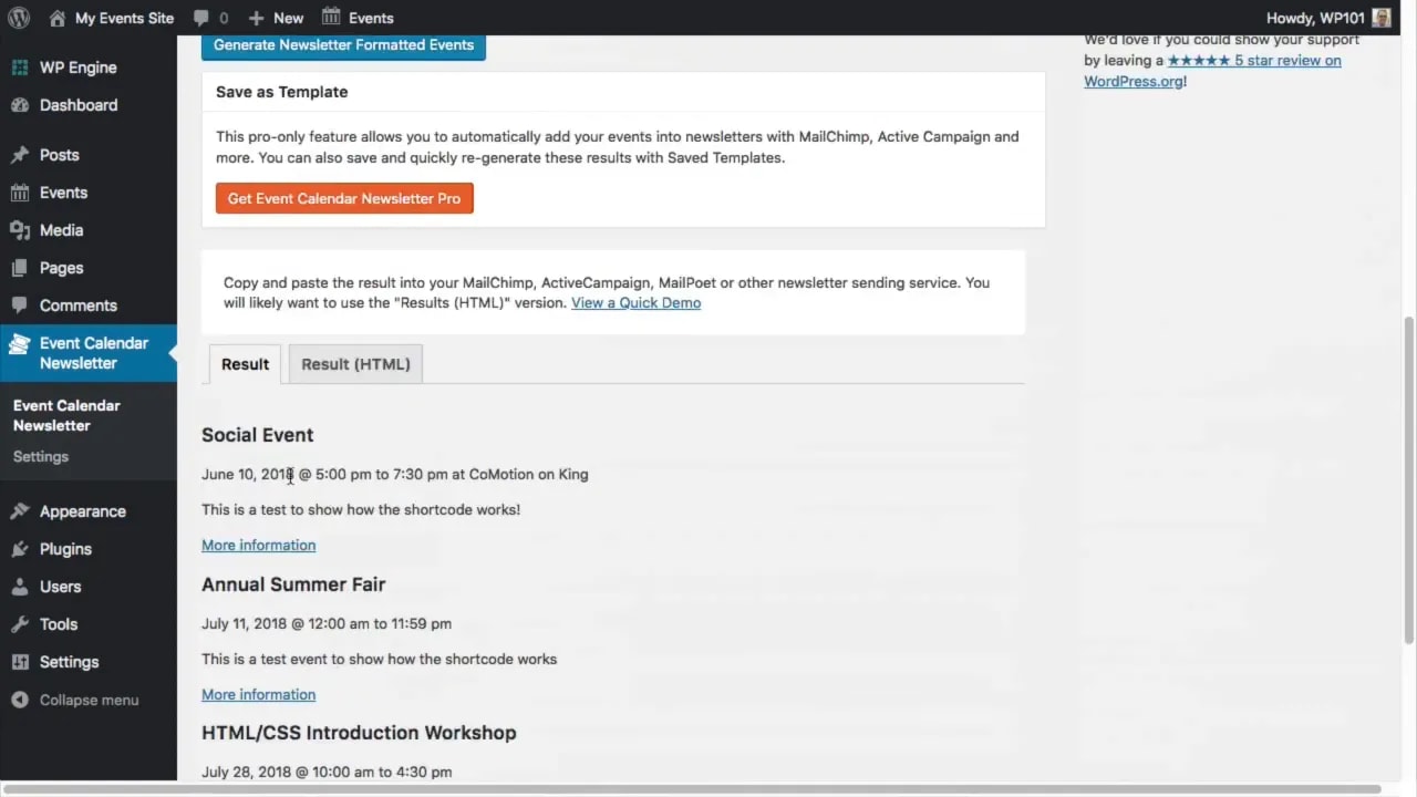 Event Calendar Newsletter results preview showing formatted upcoming events ready to copy into an email campaign.