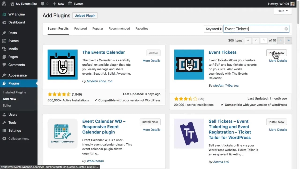 Event Tickets plugin listing on the WordPress Add Plugins page with install button