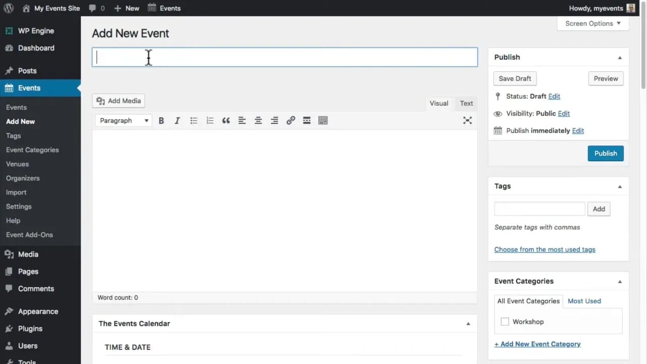 The Events Calendar Add New Event editor screen in WordPress