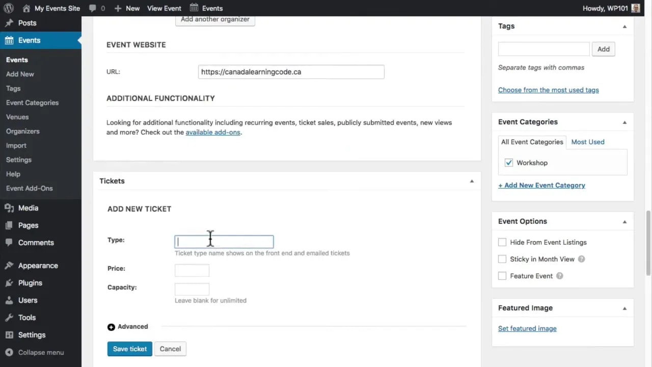 The Events Calendar event editor Add New Ticket form showing Type, Price, and Capacity fields