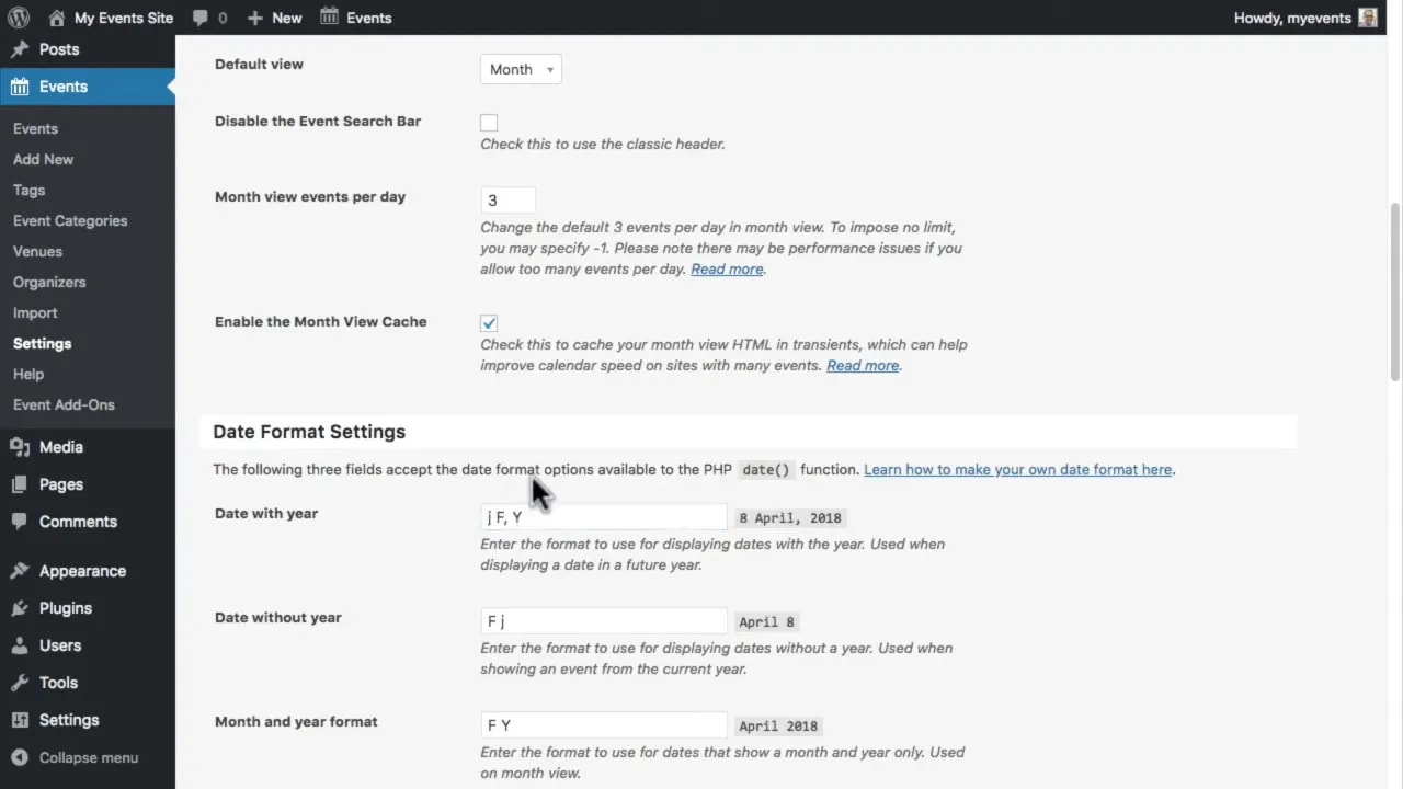 The Events Calendar date format settings in WordPress, showing fields for date with year, date without year, and month and year format