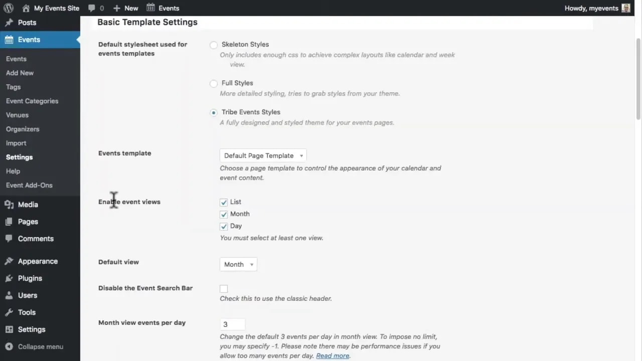 The Events Calendar Display settings showing enabled event views (List, Month, Day) and default view