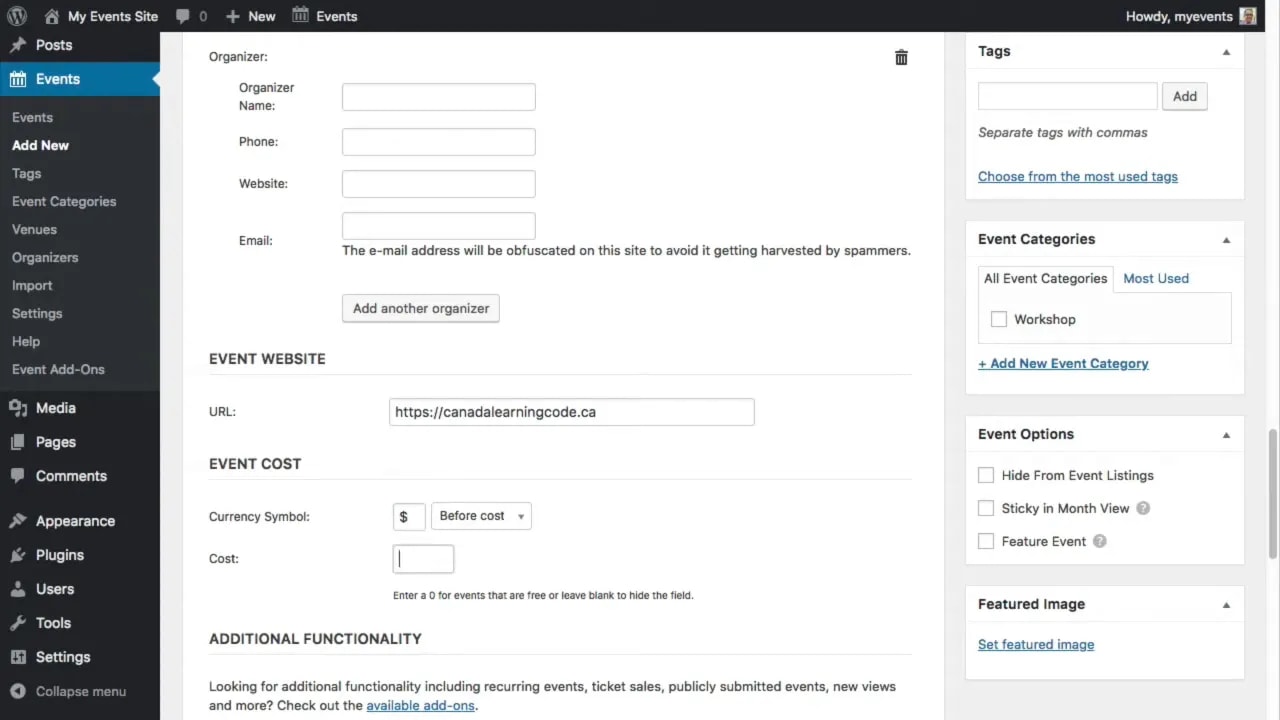 Events Calendar event editor with Event Cost section showing currency symbol and cost input field