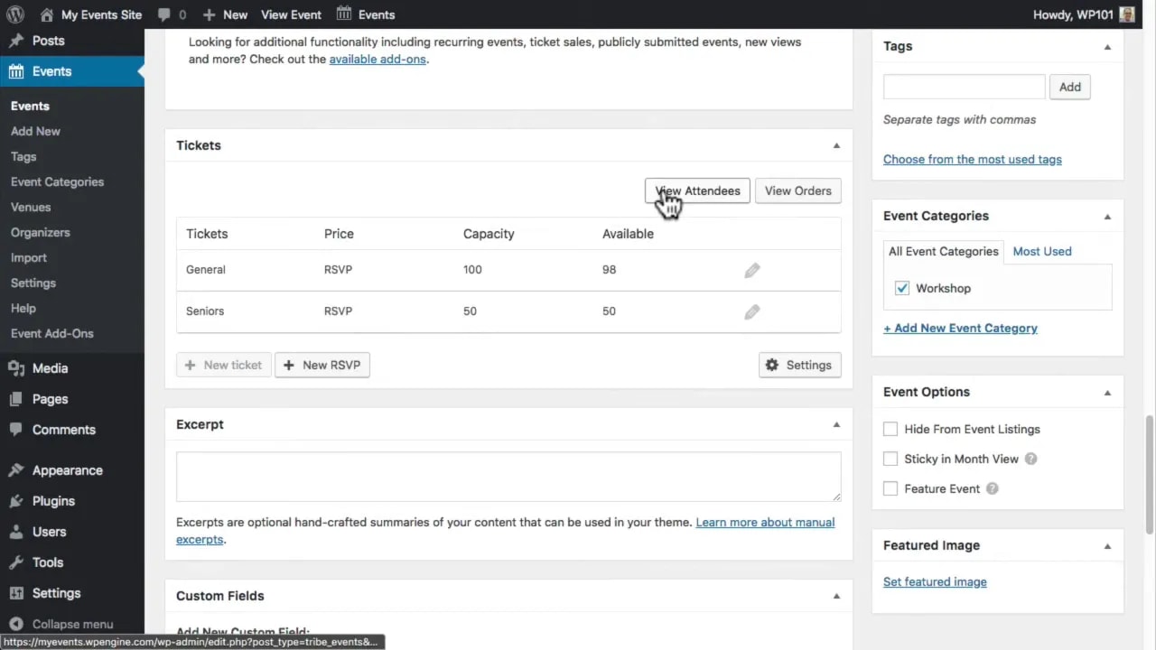 The Events Calendar event editor Tickets tab showing RSVPs and capacity with buttons for viewing attendees and orders