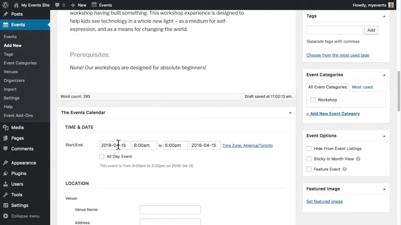 The Events Calendar event editor showing the TIME & DATE fields with start/end date and time selected