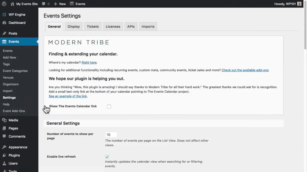 The Events Calendar Events Settings page with navigation tabs visible