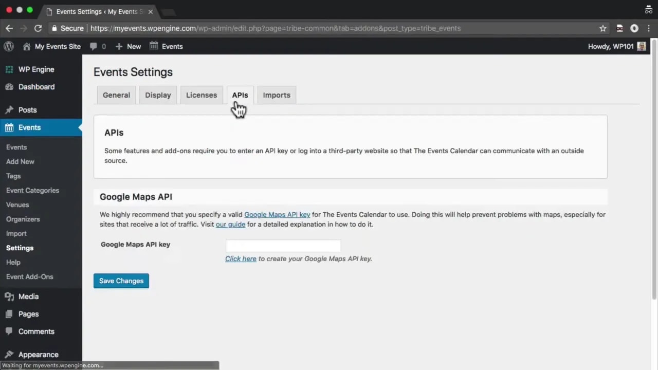 The Events Calendar Events Settings page with Google Maps API section