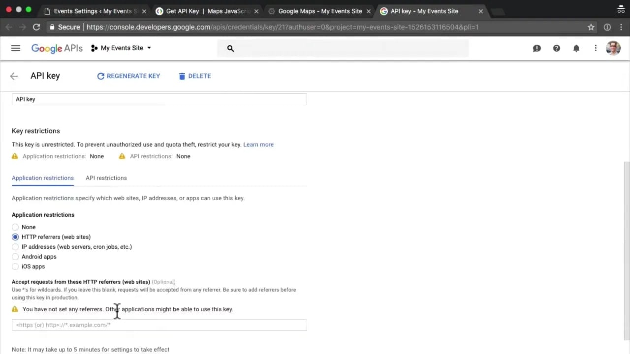 Google API Console key restrictions panel with application restrictions set to HTTP referers