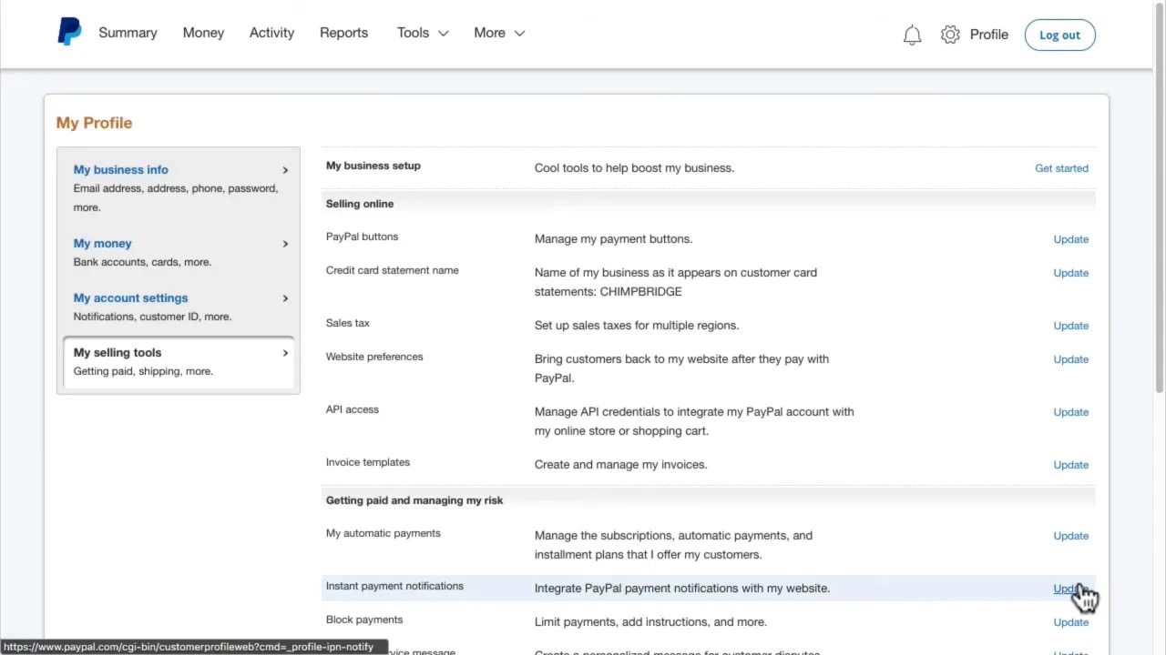 PayPal profile page highlighting Instant payment notifications under business setup