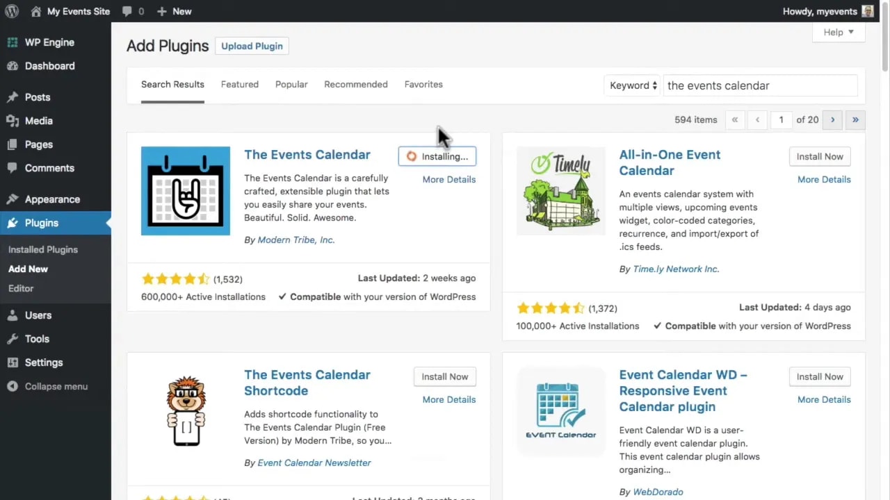 Searching for The Events Calendar plugin in WordPress Add Plugins