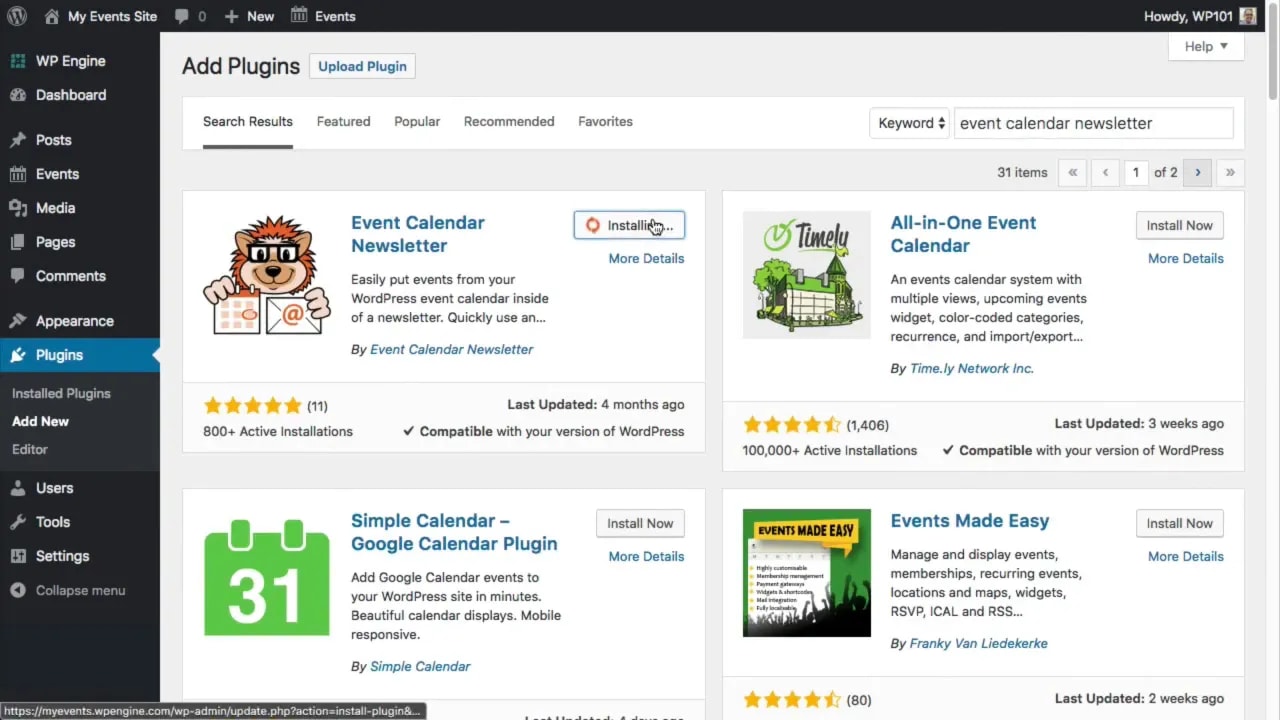 WordPress Add Plugins search results showing Event Calendar Newsletter plugin