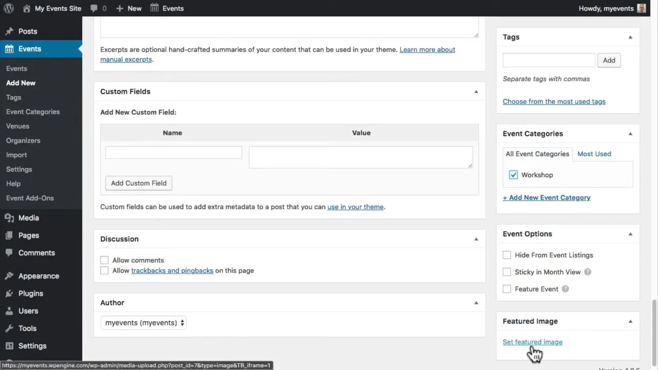WordPress Events editor with event category, tags, and Featured Image and event options panel