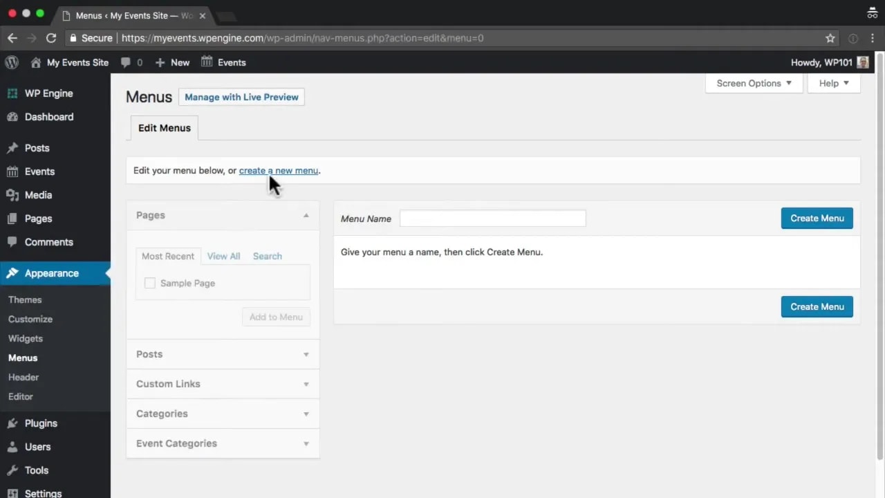 WordPress Menus editor screen with Custom Links and menu setup options