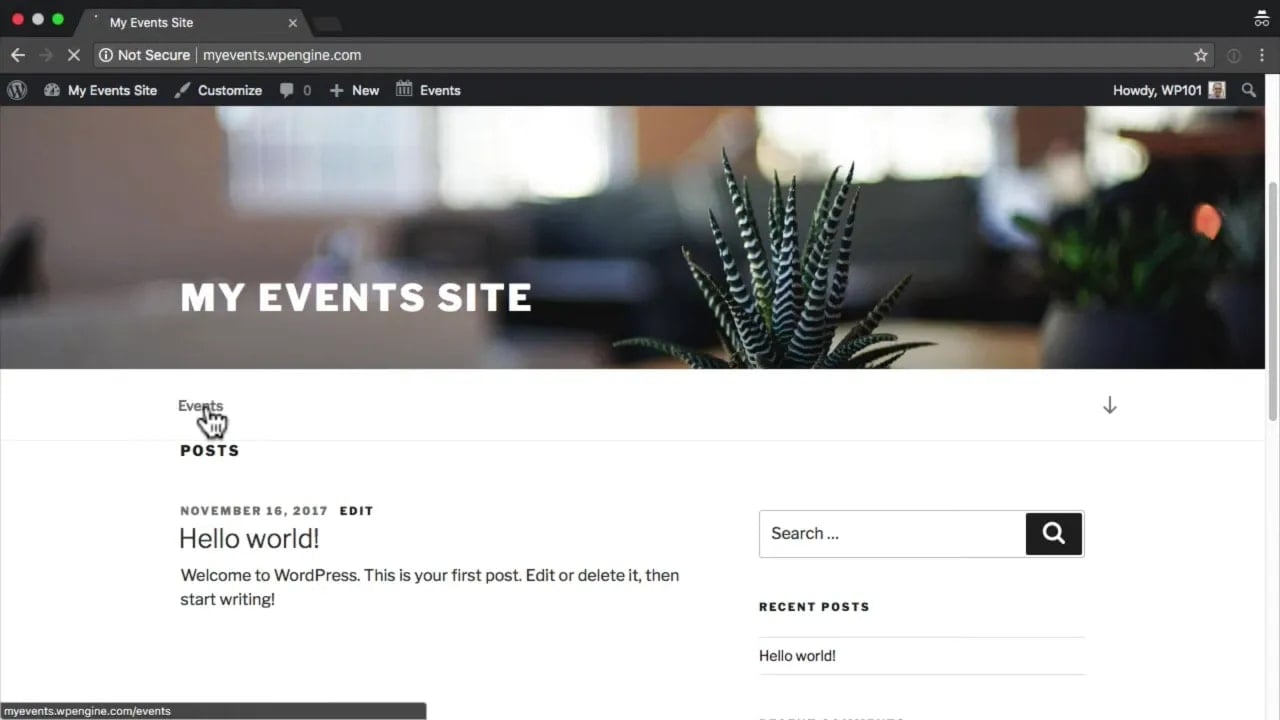 WordPress front-end navigation menu with Events menu item selected