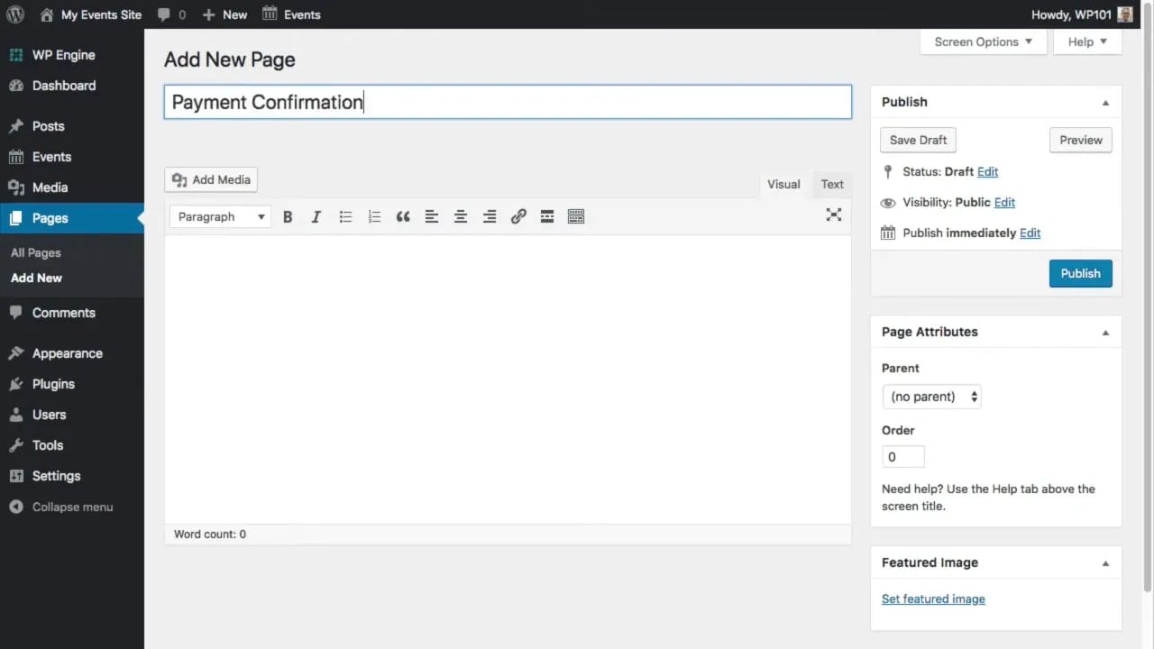 WordPress Add New Page editor with the title set to Payment Confirmation for PayPal ticket payments