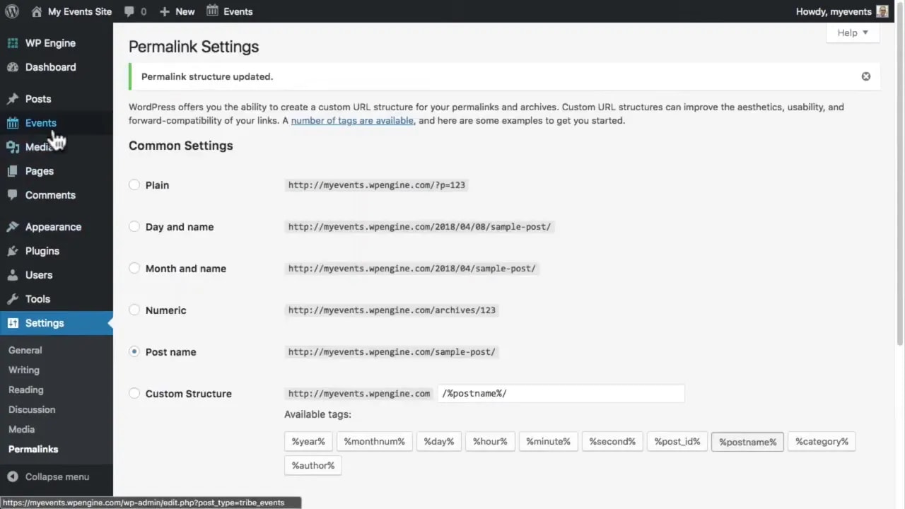 WordPress Permalink Settings screen confirmation message after updating permalink structure